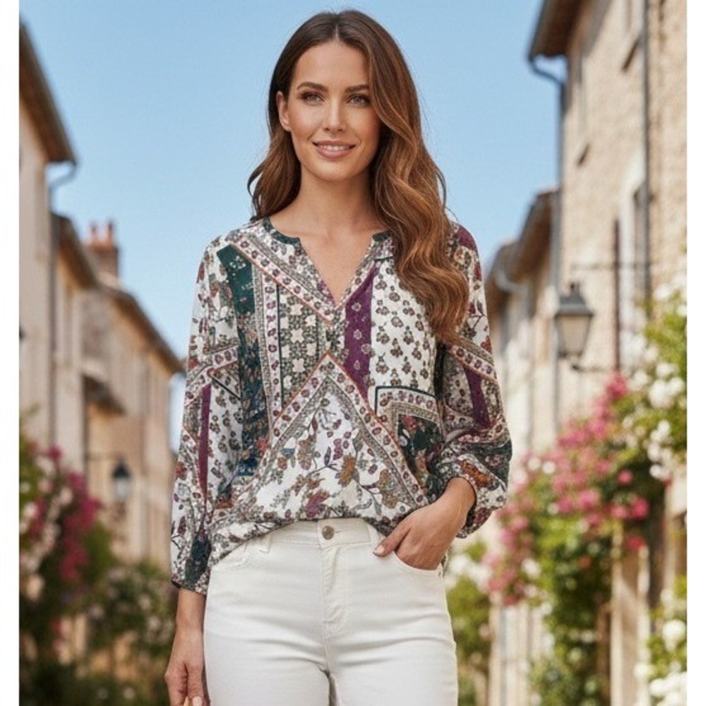 Calvin Klein Womens Plus 1X Floral Blouse All Over Print Lagenlook Tunic Stretch